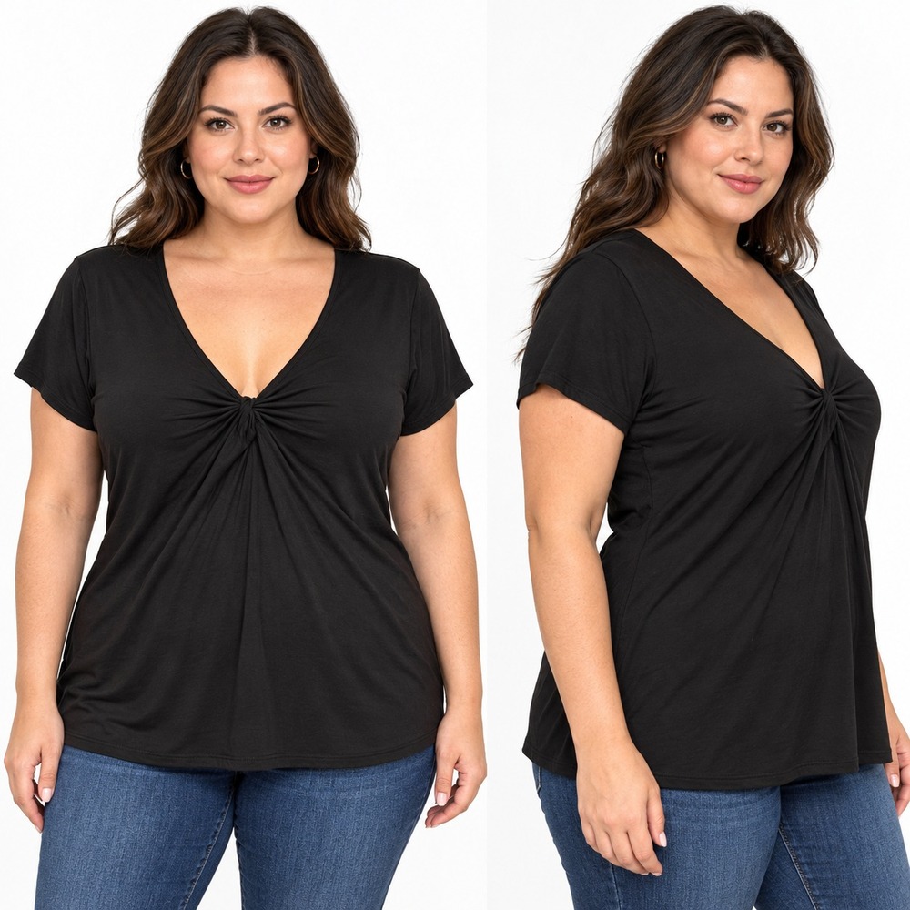Semantiks Black Twist Front V-Neck Blouse Plus Size 1X Short Sleeve Tee